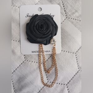Black Ribbon Rose Brooch Double Pins On Gold Chains With Clear Rhinestone New